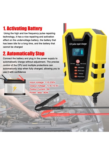 Monyee 12v 6a Akıllı Akü Şarj Cihazı, Lcd Ekranlı, Otomatik Durdurma, Sıcaklık Kontrolü, Araba-motosiklet, Oranj, Avrupa Standartı