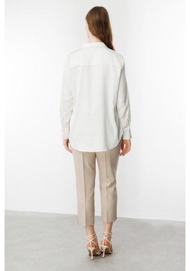 Ekol Kadın Büyük Beden Saten Gömlek 3510 Ekru Ekru
