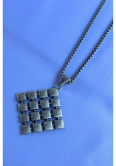 Kare Desenli El İşçiliği Paslanmaz Çelik Zincir Erkek Kolye Gümüş