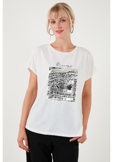Lela Baskılı Bisiklet Yaka Regular Fit Bayan T Shirt 6671000 Ekru