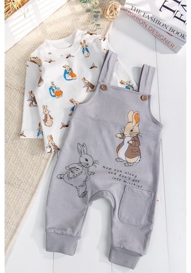 Babymod Tavşan Fiğürlü 2'li Erkek Bebek Salopet Tulum Gri