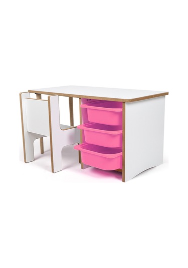 Industrial Living 3 Çekmeceli Çocuk Etkinlik Masası - Beyaz Mdf - Pembe