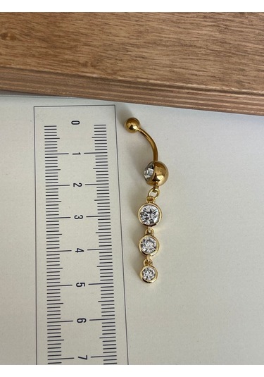 316 L Cerrahi Çelik Standart 10 Mm Baget Taşlı Sallantılı Yuvarlak Model Göbek Piercingi Gold