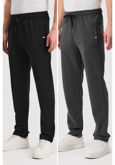 Siyah-antrasit Erkek Fermuarlı Cepli Nakış Detaylı Düz Paça Rahat Kesim Günlük 2'li Eşofman Altı Siyah - Antrasit