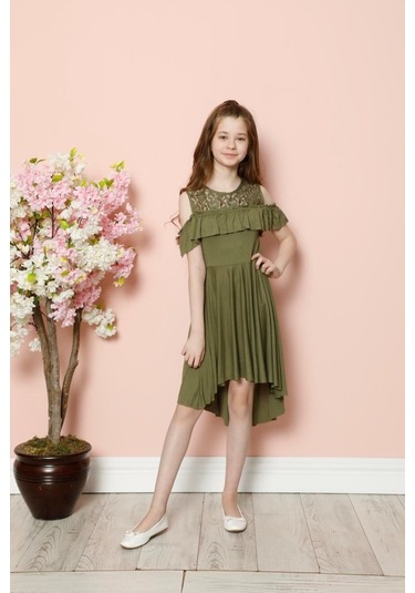 Aymeravm - Omuz Pencereli Göğsü Dantelli Kız Çocuk Elbise - C... (536885580) Haki