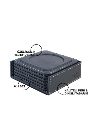 Bardak Altlığı,6 Lı Set,masaüstü Yuvarlak Cup Coaster,vegan Suni Deri,11x11 Cm.,lacivert Lacivert