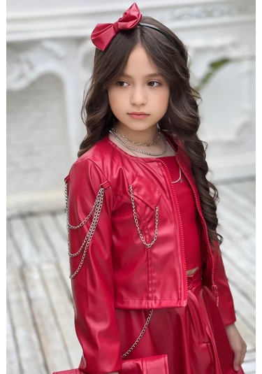 Riccotarz Kız Çocuk Zincir Detaylı Ceket Beli Manşetli Etek Ve Croplu Kırmızı Etekli Takım Kırmızı