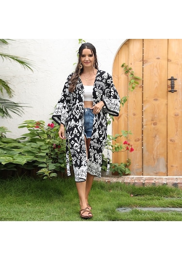 Kadın Plaj Baskılı Şal Tatil Bikini Güneş Korumalı Pareo Siyah