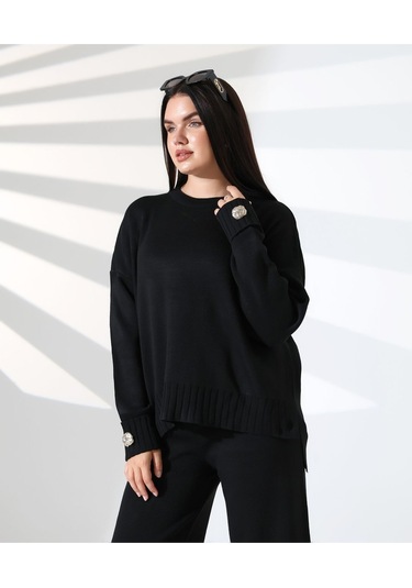 Rahat Kalıp Kol Detaylı Triko Takım Siyah