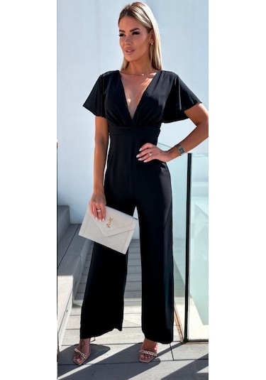 Munn Collection Kadın Kısa Kollu Kruvaze Yaka Sırt Dekolteli Pegasus Kumaş Tulum Siyah