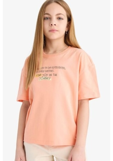 DeFacto Kız Çocuk Relax Fit Bisiklet Yaka Baskılı Kısa Kollu Tişört E0353A825SMOG189 Turuncu