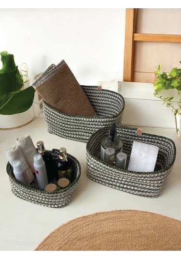 3'lü Hasır Görünümlü Düzenleyici Sepet - Leke Tutmaz - Yeşil Yeşil