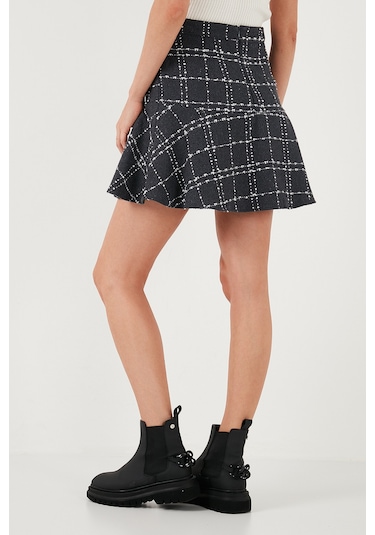 Lela Kareli Volanlı Mini Kışlık Bayan Etek 611Et00176W4 Koyu Gri