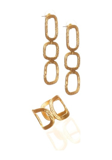 Kadın Mat Altın Kaplama Dikdörtgen Formlu Tasarım Küpe & Yüzük Seti Altın