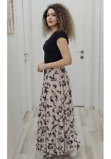 Bel Lastikli Flok Baskılı Kloş Şifon Etek 6003-siyah/pudra Siyah/pudra Siyah - Pudra