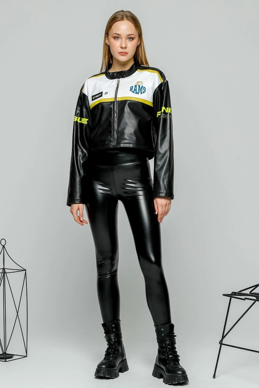 Kadın Oversize Baskılı Deri Şeritli Motorcu Montu Kısa Fermuarlı Yarışçı Ceketi Bomber Kolej Mont Sarı