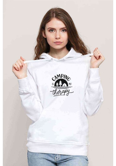 Camping Therapy Baskılı Beyaz Kadın Kapşonlu Sweatshirt