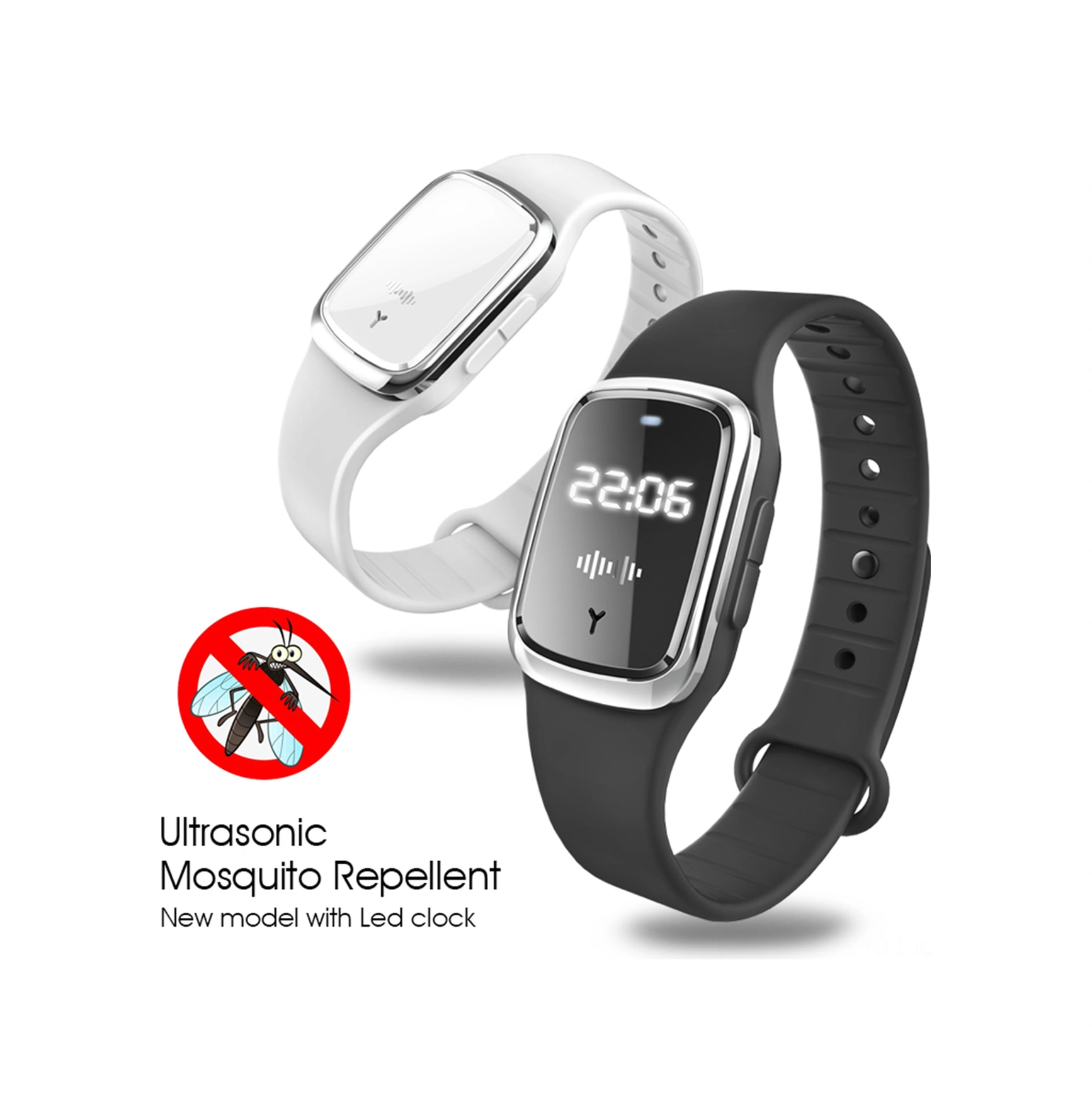 Youmex M2 Ultrasonik Sivrisinek Kovucu Saat, Çocuk-yetişkin-hamile Uyumlu, Dış Mekan Kullanıma Uygun, Saat Fonksiyonlu Silikon Bileklik - Beyaz