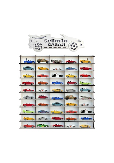 Ahşap Hobi Araba Rafı Beyaz 50 Araçlık Kişiye Özel Isimli