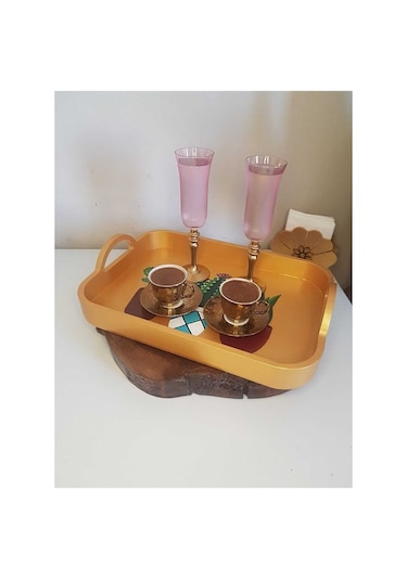 El Boyaması Kaktüs Desenli Altın Tepsi Altın