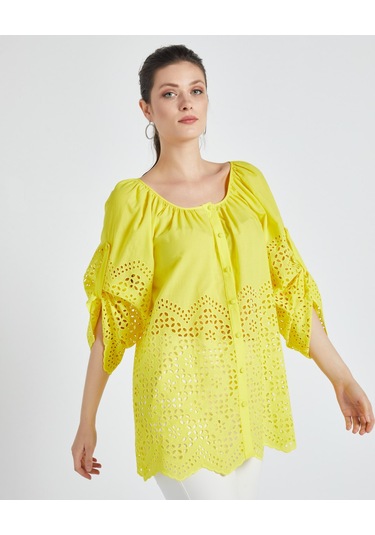 Kadın Pamuk Gömlek Ajurlu Detaylı, Rahat Kalıp Yazlık Tasarım Sarı