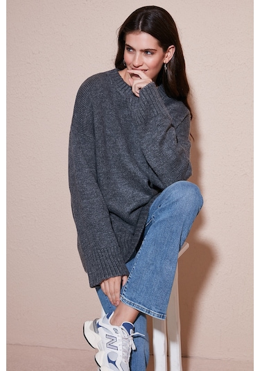 Lela Regular Fit Bisiklet Yaka Basic Triko Bayan Kazak 4616213 Antrasit