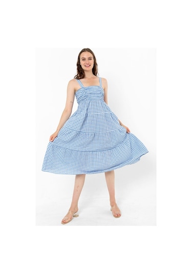 Askılı Pötikare Desenli Yazlık Midi Boy Kadın Elbise 1300