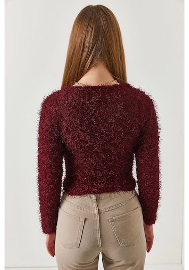 Armonika Kadın Mürdüm Pullu Sakallı Crop Kazak Arm-22y001179