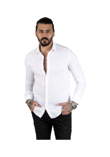 Deepsea Erkek Beyaz Likralı Slim Fit Spor Gömlek Esnek Kumaş Gömlek 2001810 Beyaz