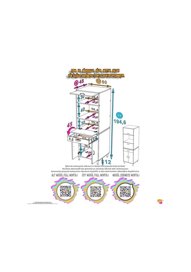 Modilayn Ennet: 60x194.6x48 Cm Fırın / Mikrodalga Dolabı 1 Çekmece, 4 Kapaklı. Mutfağınıza Yer Açın Beyaz