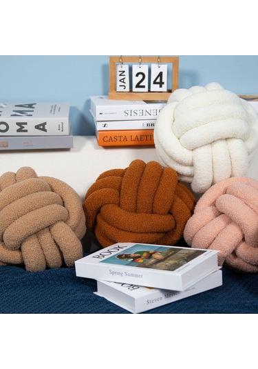 Düğümlü Top Atmak Yastık Kuzu Yün Rulo Kanepe Atmak Yastık 22cm-9 Ekru