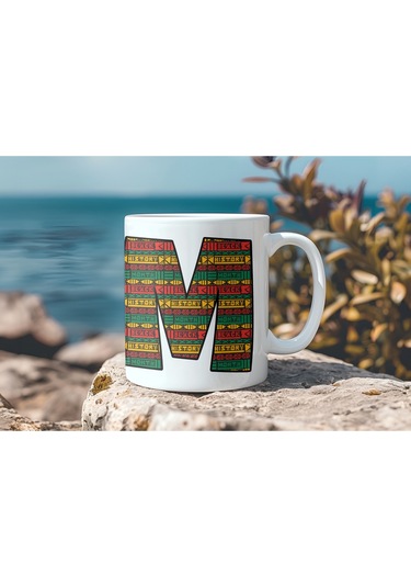 M Harfi Etnik Desenli Kupa - Afrika Tarzı Kahve Çay Kupası - Hediyelik - Black History Beyaz