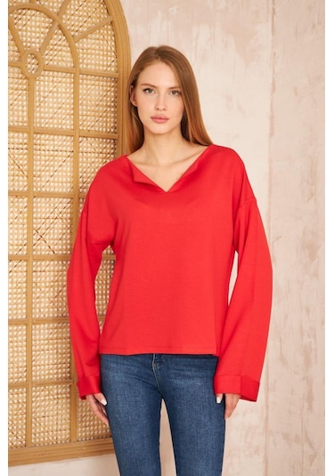 Kadın Ekstra Uzun Duble Kol / Yakası Yırtmaçlı Salaş Sweatshirt Bluz 3470190 Kırmızı