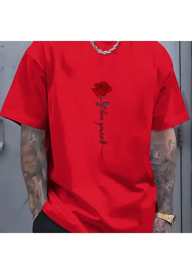 Guılan Erkek Yazlık %100 Pamuk Spor Tişört - Kırmızı Gül Desenli, Rahat Ve Gevşek Fit Kirmizi