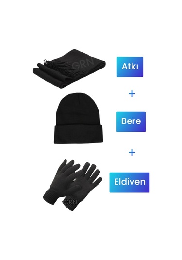Gürhan Çorap 3'lü Set Erkek Siyah Örgü Triko Püskül Detaylı Atkı  Bere Ve Eldiven Takımı Siyah