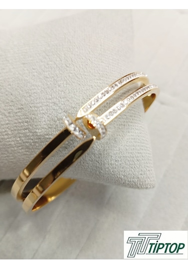 Zirkon Taşlı Çivi Model Gold Renk Kelepçe Bileklik Gold
