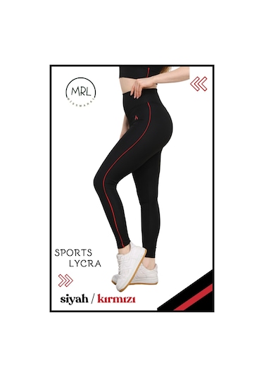 Kadın Yüksek Bel Toparlayıcı Spor Tayt Siyah / Kırmızı Şerit Detaylı Lycralı Dalgıç 1041 Siyah Kırmızı