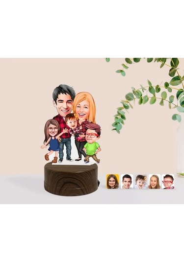 Kişiye Özel Aile Karikatürlü Dekoratif 3D Biblo Led Işıklı Gece L (483006989)