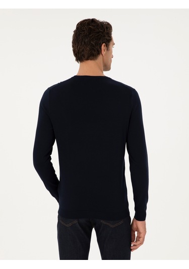 Cacharel Lacivert Slim Fit Yün Karışımlı Bisiklet Yaka Basic Triko Kazak