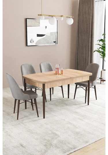Sar Pakete Almira Serisi, Meşe Desen 80x132 Açılabilir Mdf Mutfak Masası Takımı 4 Adet Sandalye Gri