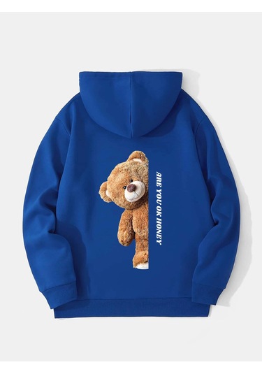 Unisex Are You Ok Honey Baskılı Kapüşonlu İçi Yumuşak Polarlı Oversize Sweatshirt - Saks Mavisi Saks Mavisi