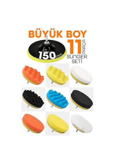 150mm 11 Parça Mega Boy Pasta Cila Elyaf Polisaj Süngeri Matkap Uyumlu Parlatma Seti
