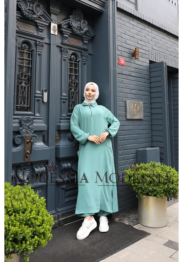 Kadın Mint Yeşili Aerobin Uzun Önü Yarım Fermuarlı İkili Takım T1220 Mint Yeşili