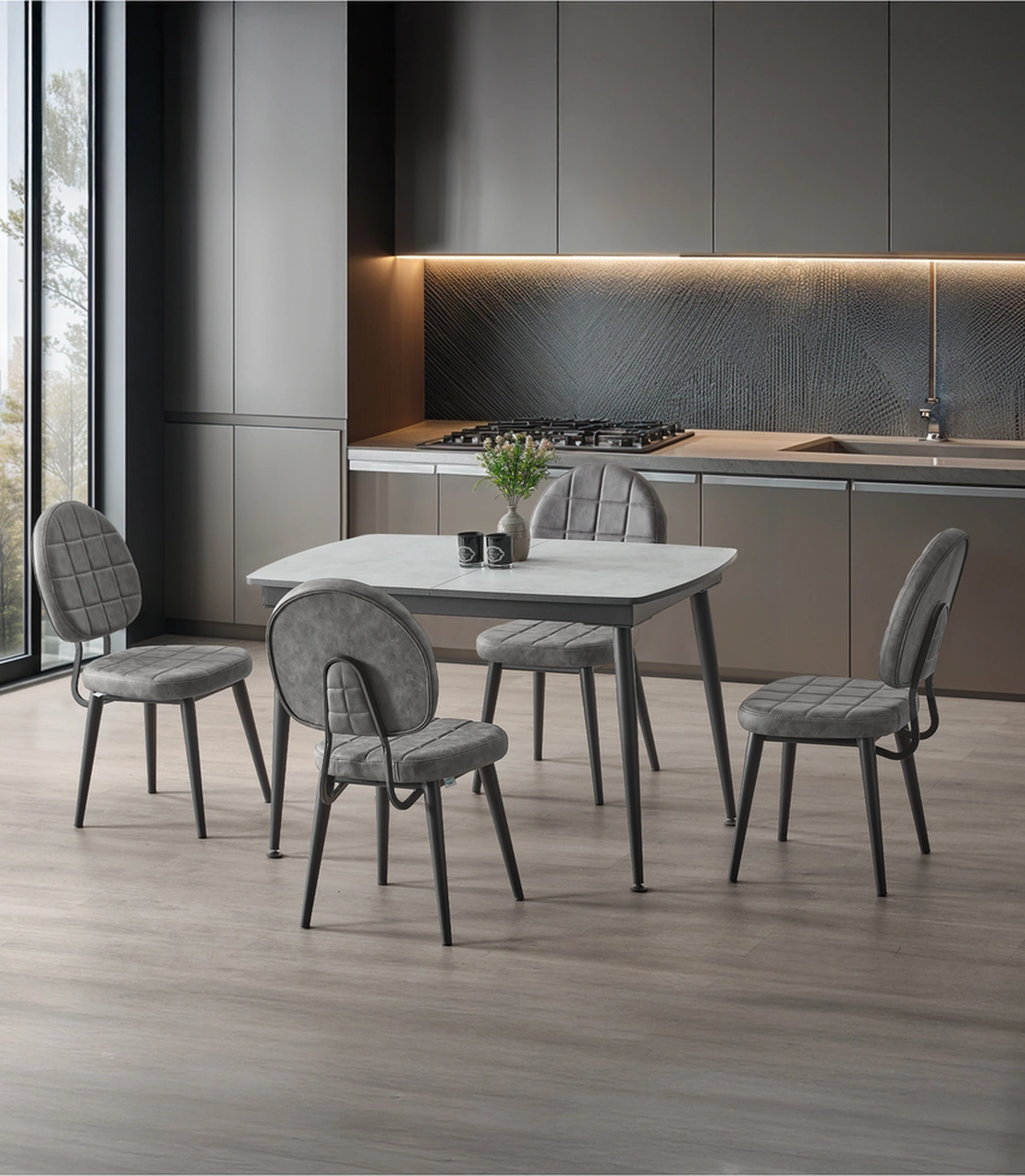 Dengema Milano 25 Açılır Masa Takımı Antrasit Gri & Siyah Ayak 80 125 165 Cm, 4 Sandalyeli Antrasit Gri - Siyah Ayak