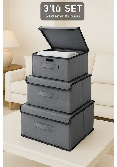 3'lü Kapaklı Saklama Kutusu Seti - Çok Amaçlı Dolap İçi Organizer Çamaşır Oyuncak Düzenleyici Gri Gri