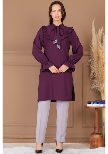 Asel Tunik Pantolon İkili Tesettür Takım Mürdüm Mürdüm