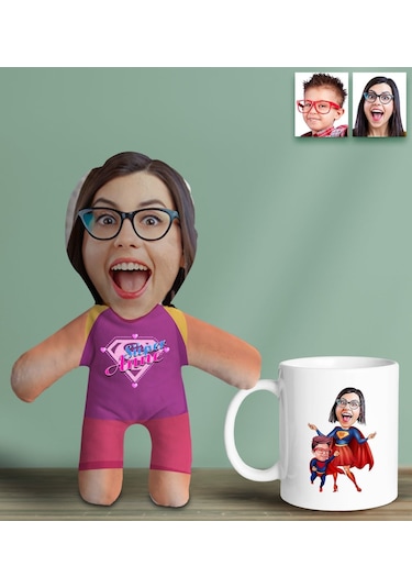 Bk Gift Kişiye Özel Fotoğraflı Pembe Süper Anne Bebek Yastık Ve Kupa Bardak Hediye Seti-2, Anneye Hediye, Anneler Günü Hediyeleri Kobitmeyencom30627 B