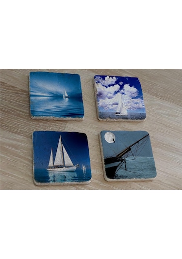 Deniz Ve Yelkenliler Doğal Taş Bardak Altlığı 4'lü Set - Natural Stone Coasters-174144 Çok Renkli