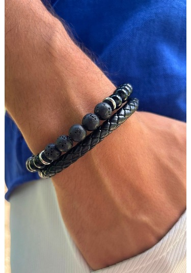 Siyah Taşlı El İşçiliği İle Üretilmiş Hakiki Deri Erkek Bileklik Siyah - Beyaz