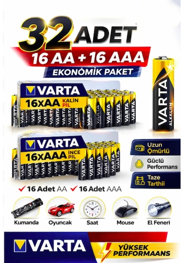 Aa + Aaa Pil 32'lı Set 16 Aa + 16 Aaa 1.5v Ekonomik Toplu Paket Çinko Karbon